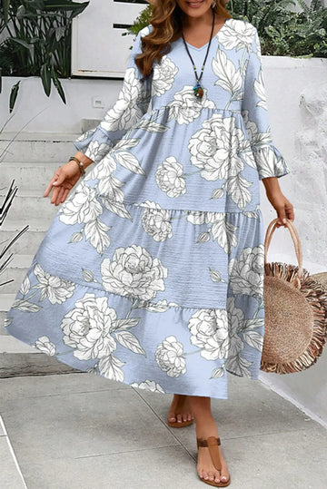 Sky Blue Floral Bell Sleeve V Neck Plus Size Tiered Maxi Dress - 1X - Size/Plus Dresses/Plus Dresses