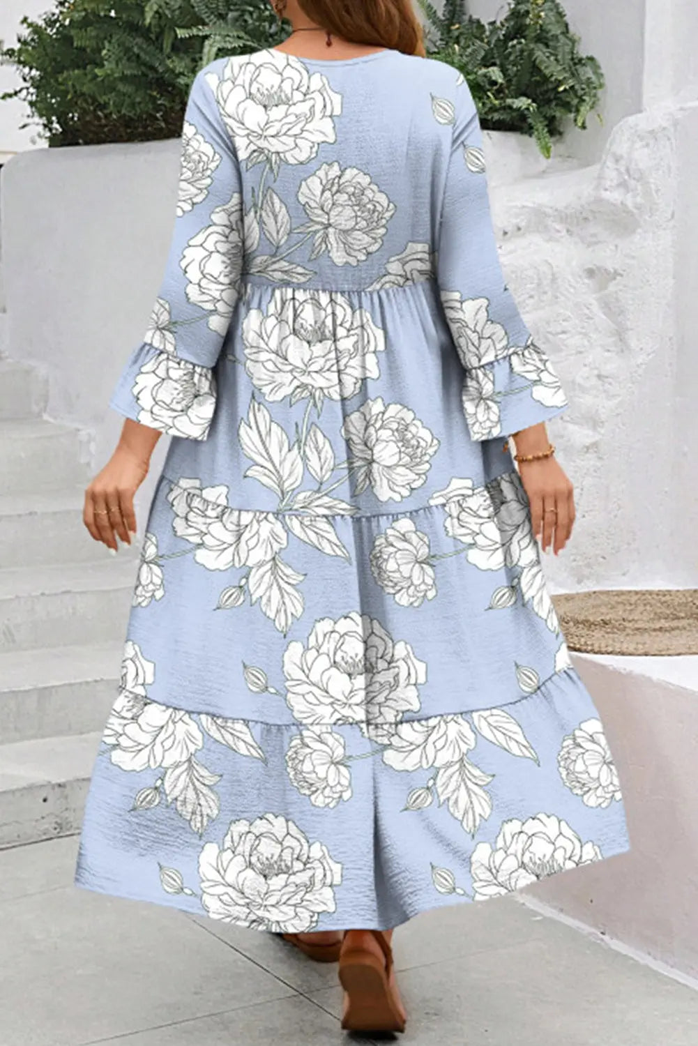 Sky Blue Floral Bell Sleeve V Neck Plus Size Tiered Maxi Dress - eAura