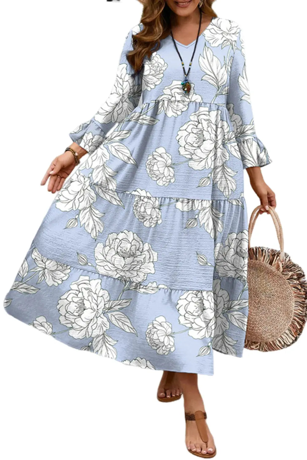 Sky Blue Floral Bell Sleeve V Neck Plus Size Tiered Maxi Dress - Size/Plus Dresses/Plus Dresses