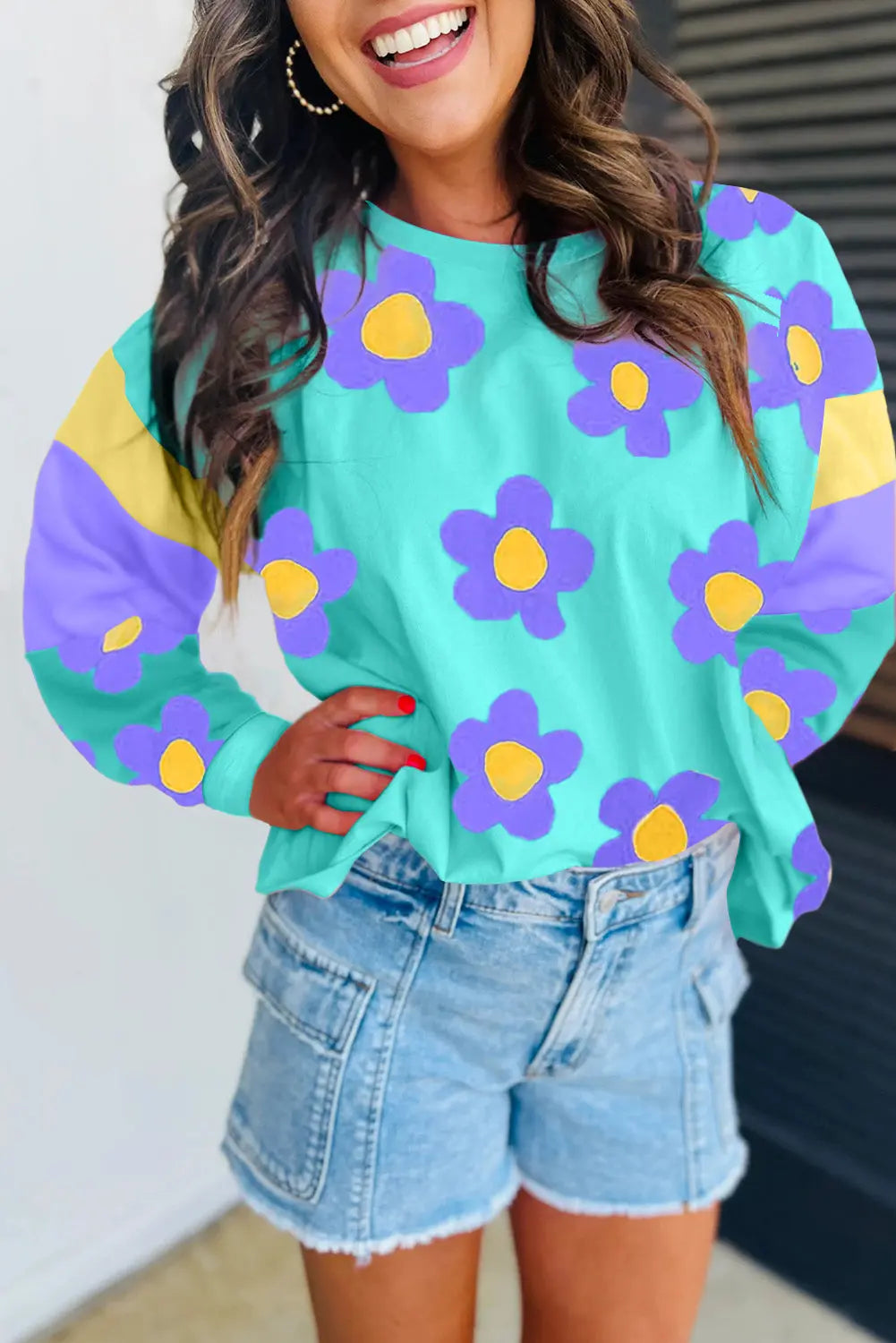 Sky Blue Floral Colour Block Long Sleeve Loose Top eAura