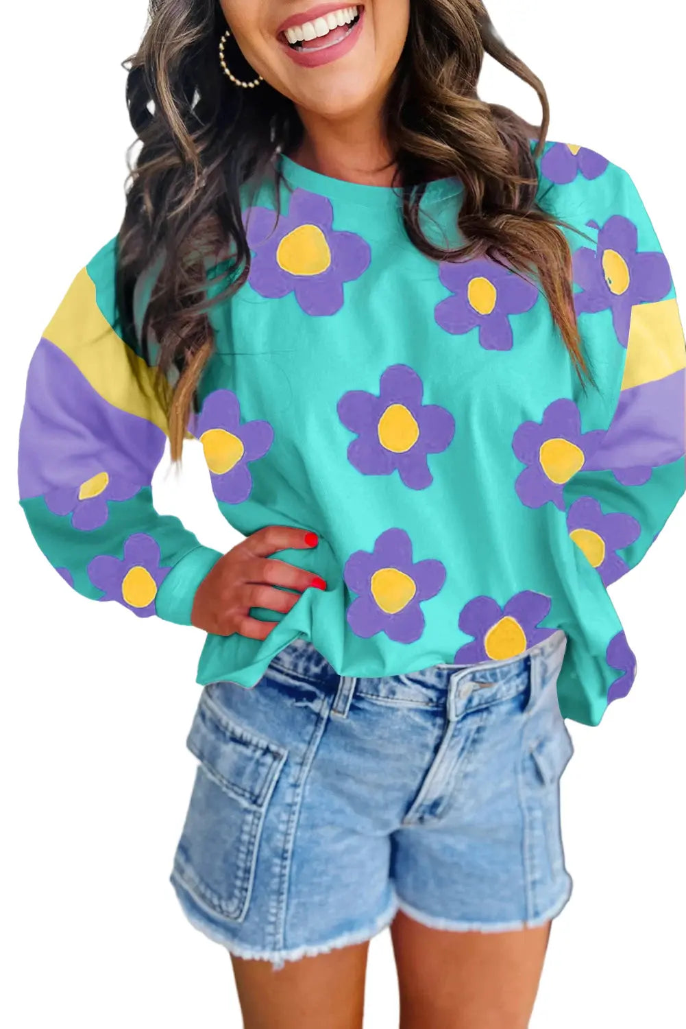 Sky Blue Floral Colour Block Long Sleeve Loose Top eAura