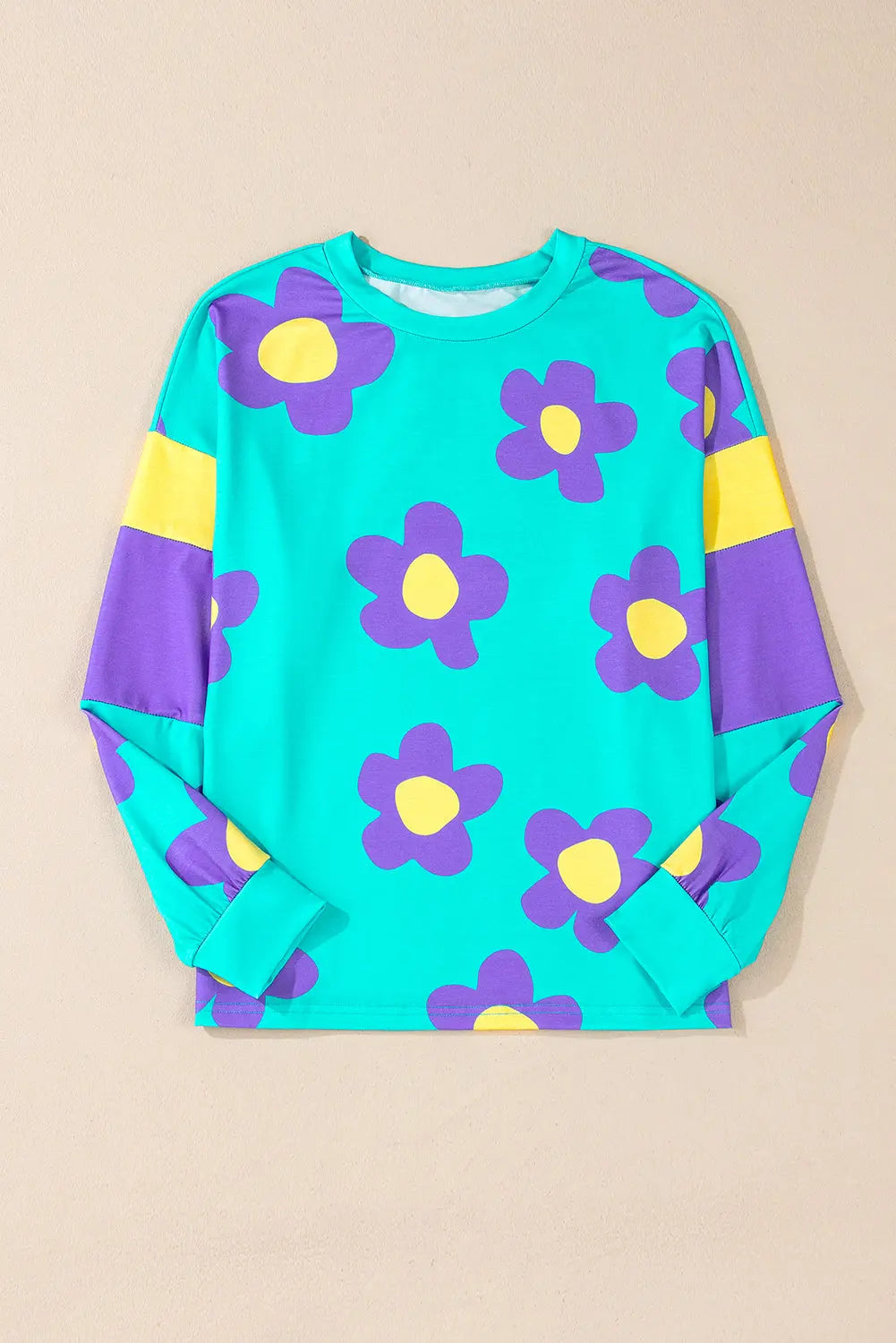 Sky Blue Floral Colour Block Long Sleeve Loose Top eAura