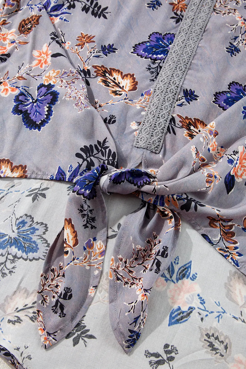 Sky Blue Floral Print Lace Patchwork Knot Front V Neck Blouse - eAura