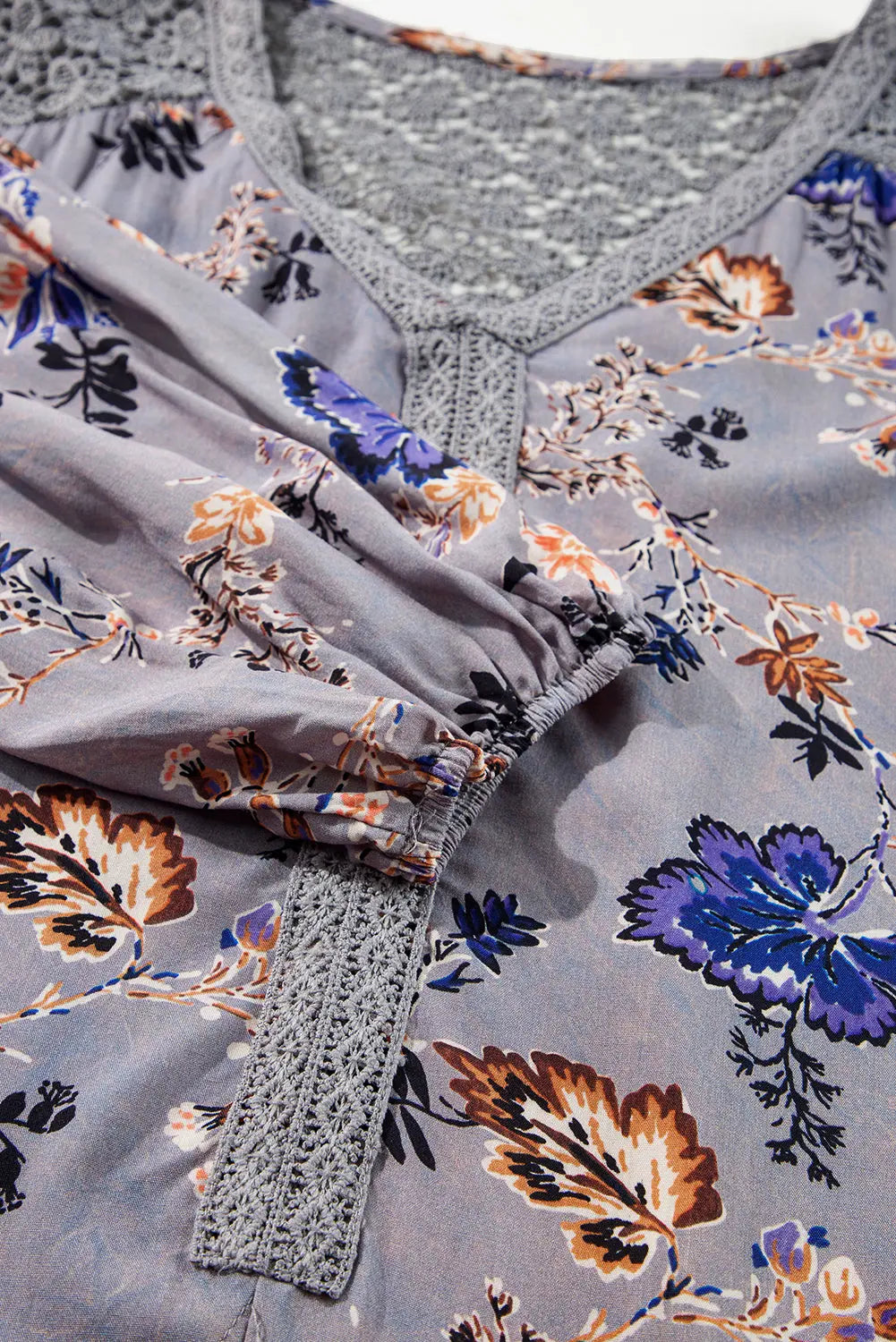 Sky Blue Floral Print Lace Patchwork Knot Front V Neck Blouse - eAura