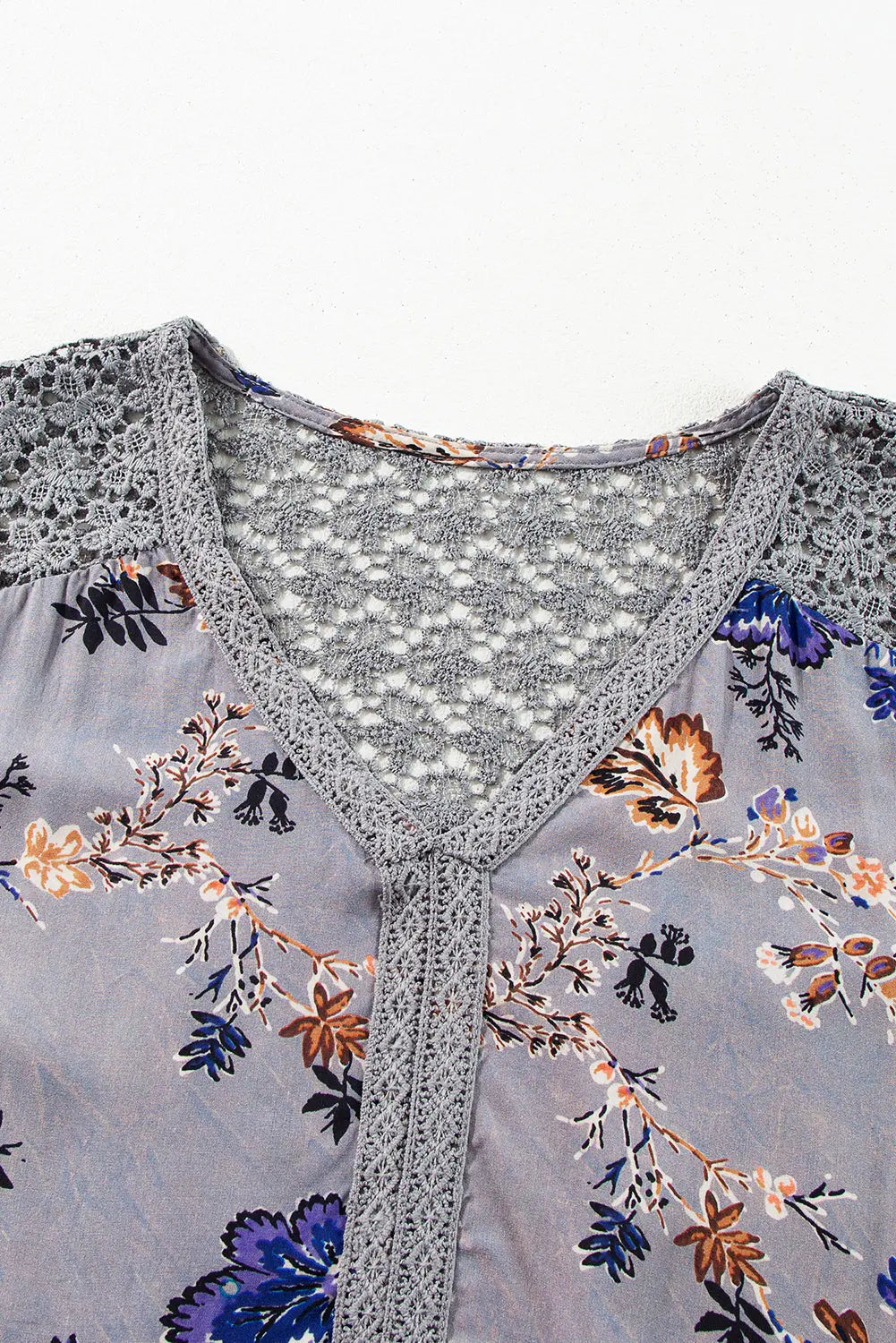Sky Blue Floral Print Lace Patchwork Knot Front V Neck Blouse - eAura