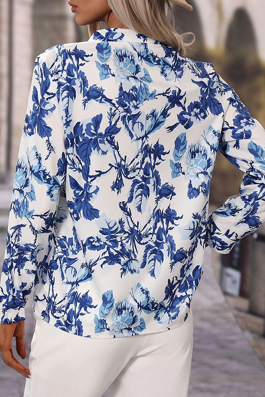 Sky Blue Floral Print Notched Neck Elegant Blouse - eAura