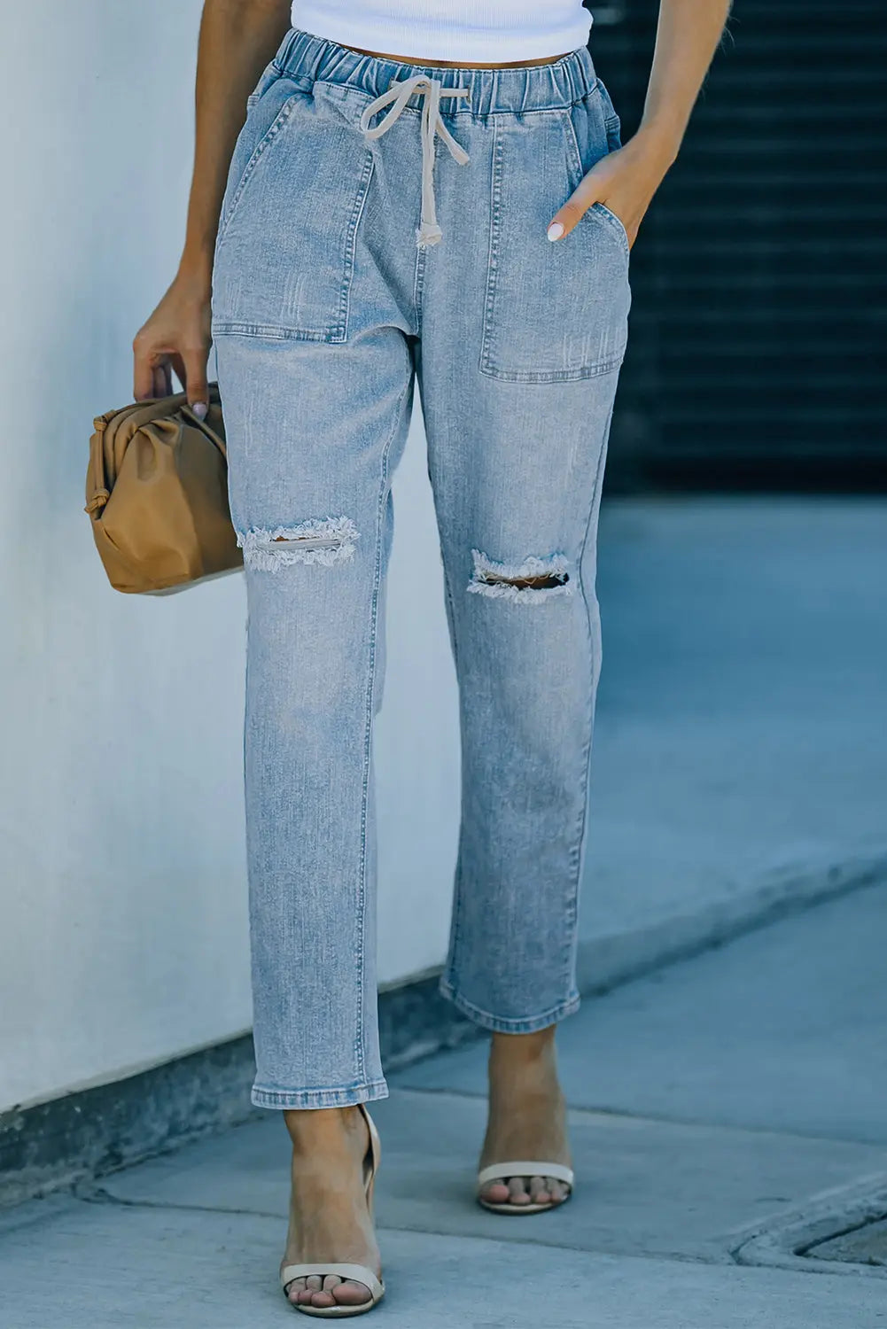 Sky Blue Gather Round Distressed Pocketed Denim Jogger eAura