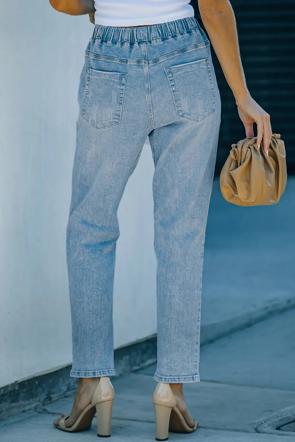 Sky Blue Gather Round Distressed Pocketed Denim Jogger eAura