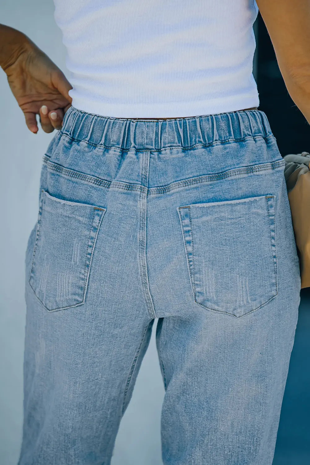 Sky Blue Gather Round Distressed Pocketed Denim Jogger eAura