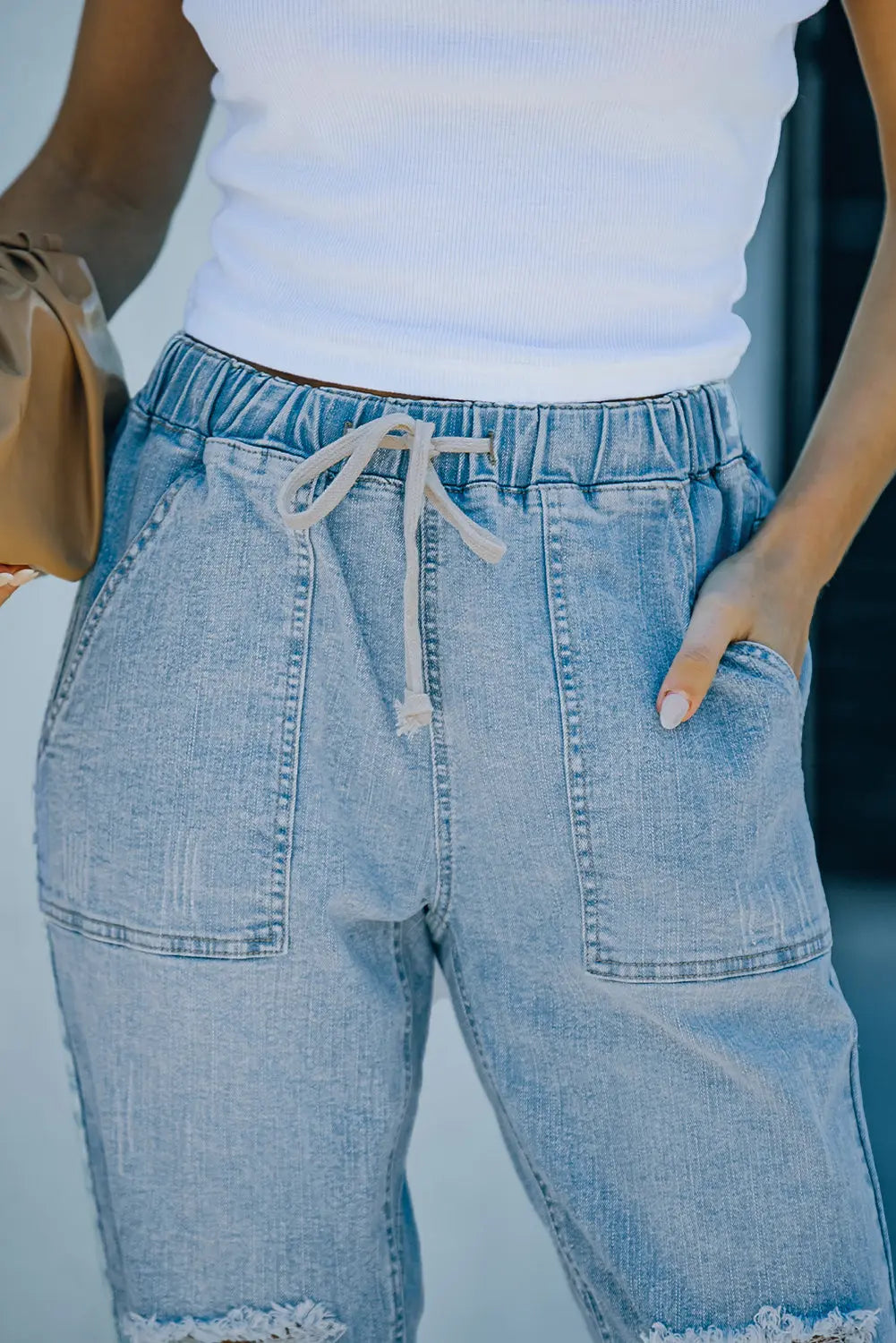 Sky Blue Gather Round Distressed Pocketed Denim Jogger eAura