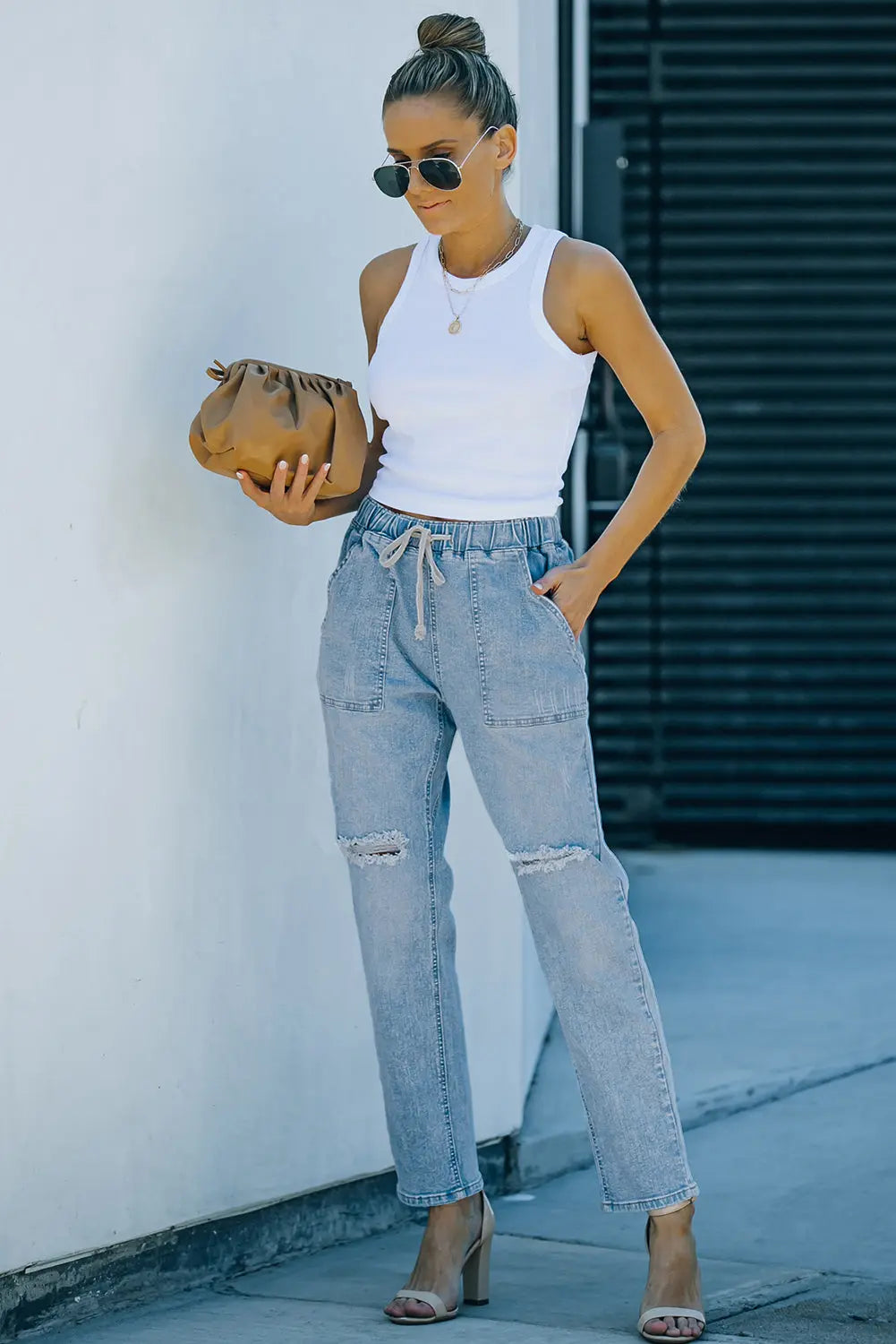 Sky Blue Gather Round Distressed Pocketed Denim Jogger eAura