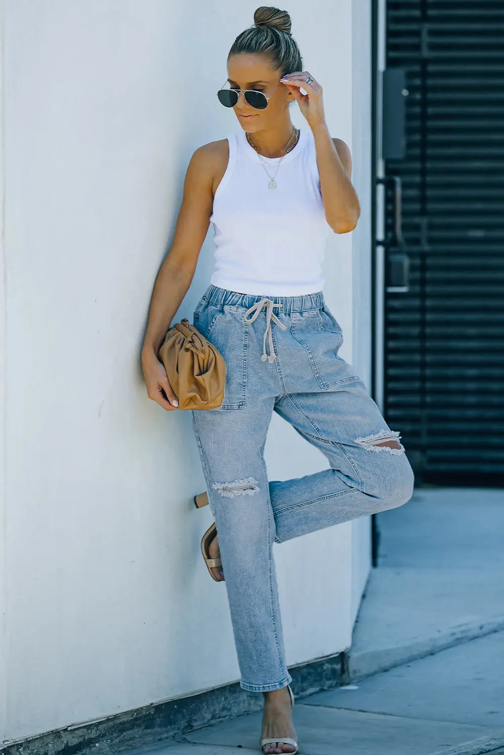 Sky Blue Gather Round Distressed Pocketed Denim Jogger eAura