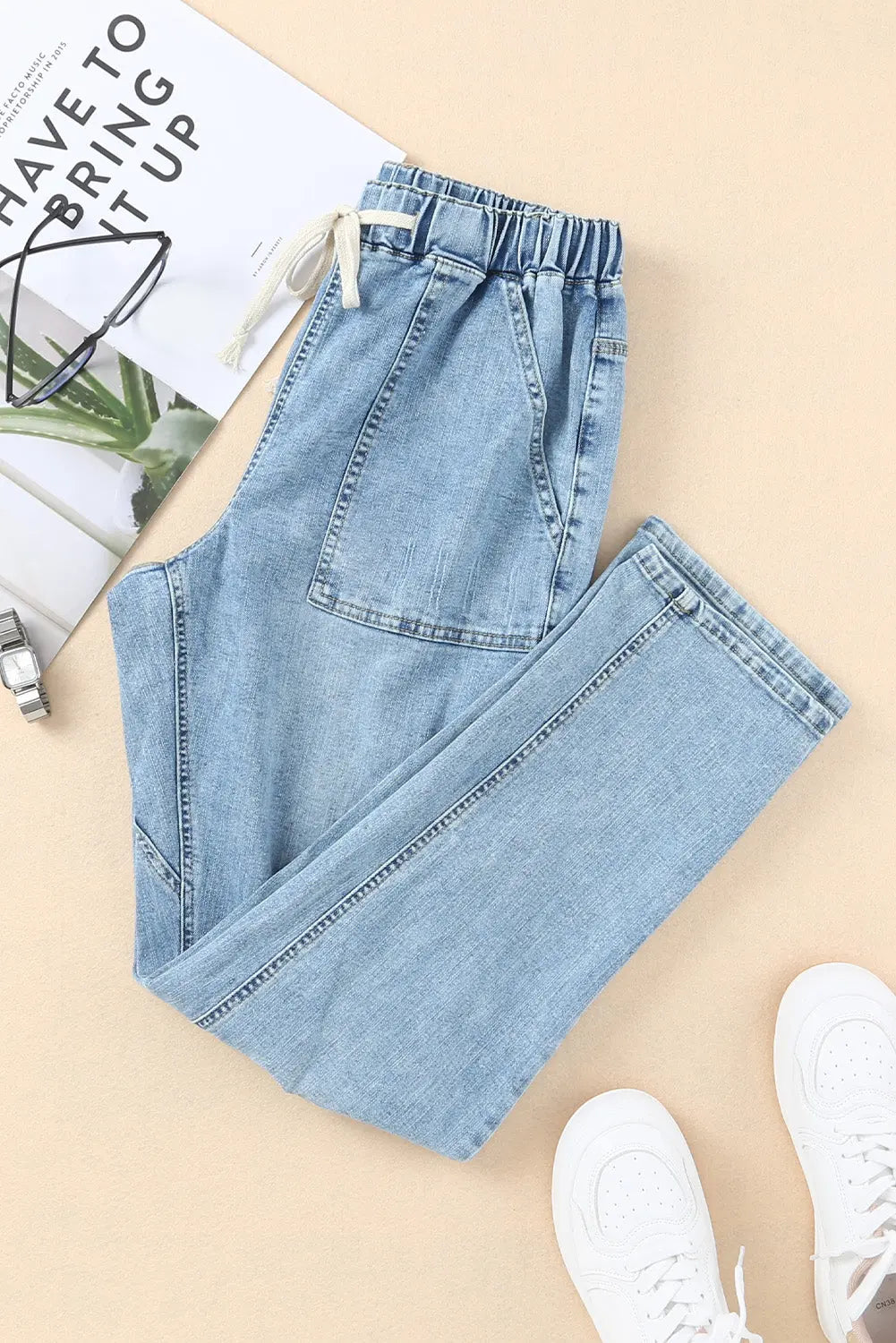 Sky Blue Gather Round Distressed Pocketed Denim Jogger eAura