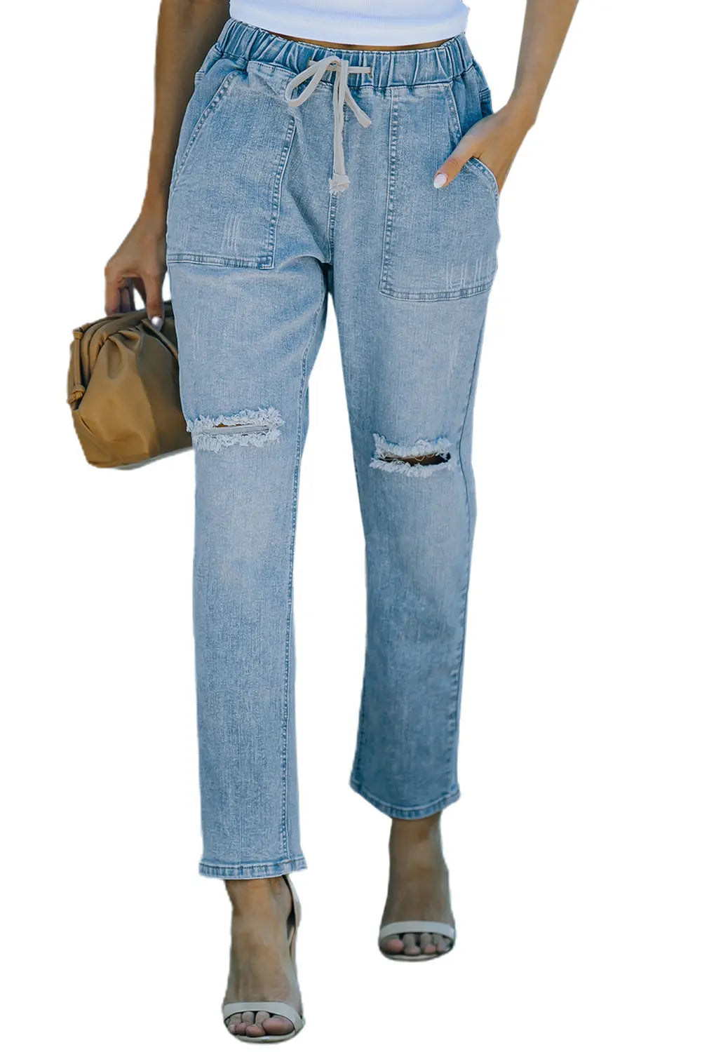 Sky Blue Gather Round Distressed Pocketed Denim Jogger eAura