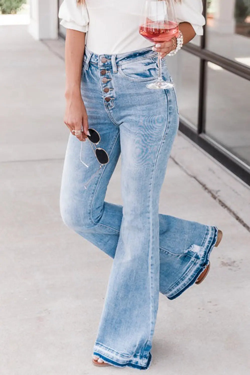 Sky Blue High Waist Buttoned Distressed Flared Jeans eAura