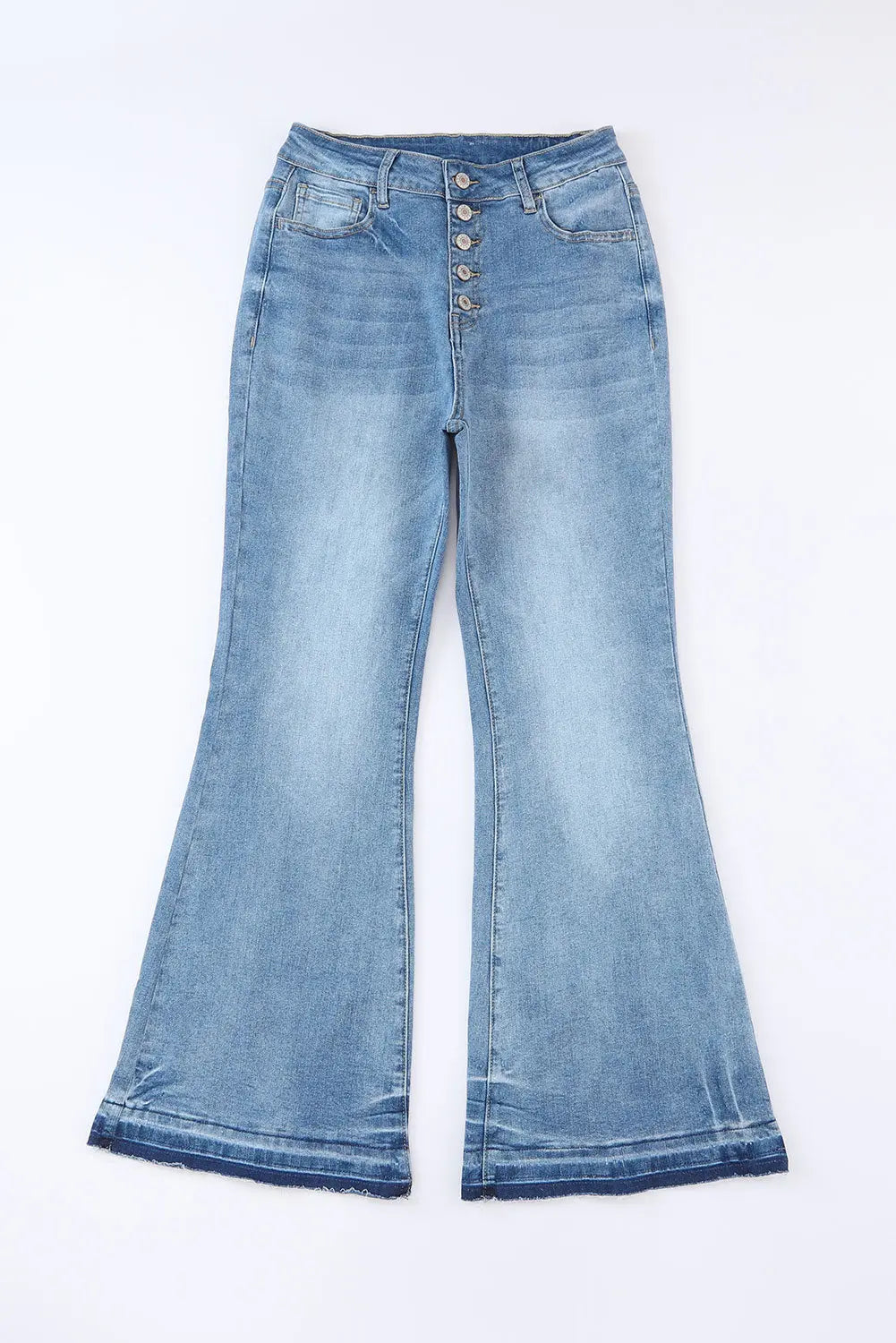 Sky Blue High Waist Buttoned Distressed Flared Jeans eAura