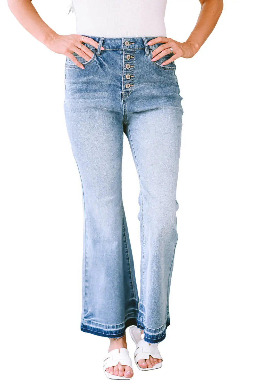 Sky Blue High Waist Buttoned Distressed Flared Jeans eAura
