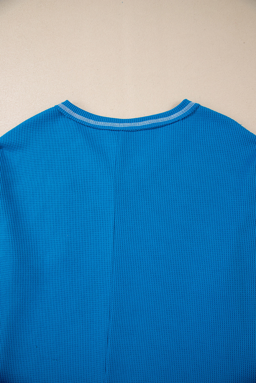 Sky Blue Lace Floral Patchwork Sleeve Stitching V Neck Rib Knit Blouse - eAura