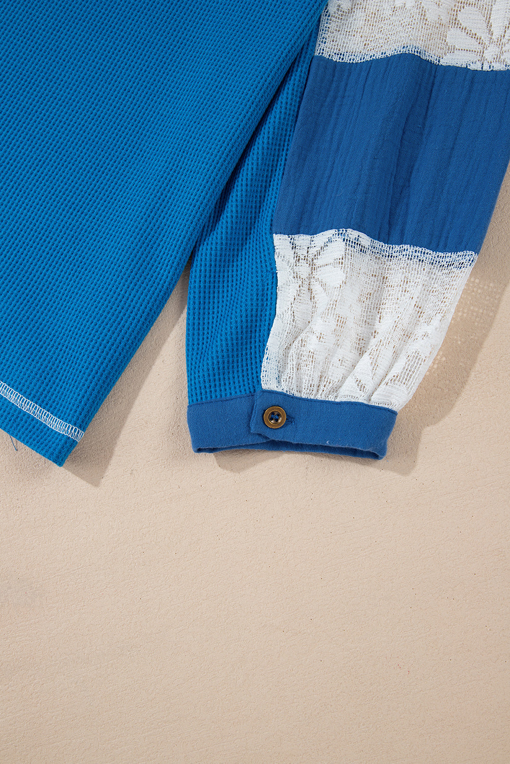 Sky Blue Lace Floral Patchwork Sleeve Stitching V Neck Rib Knit Blouse - eAura