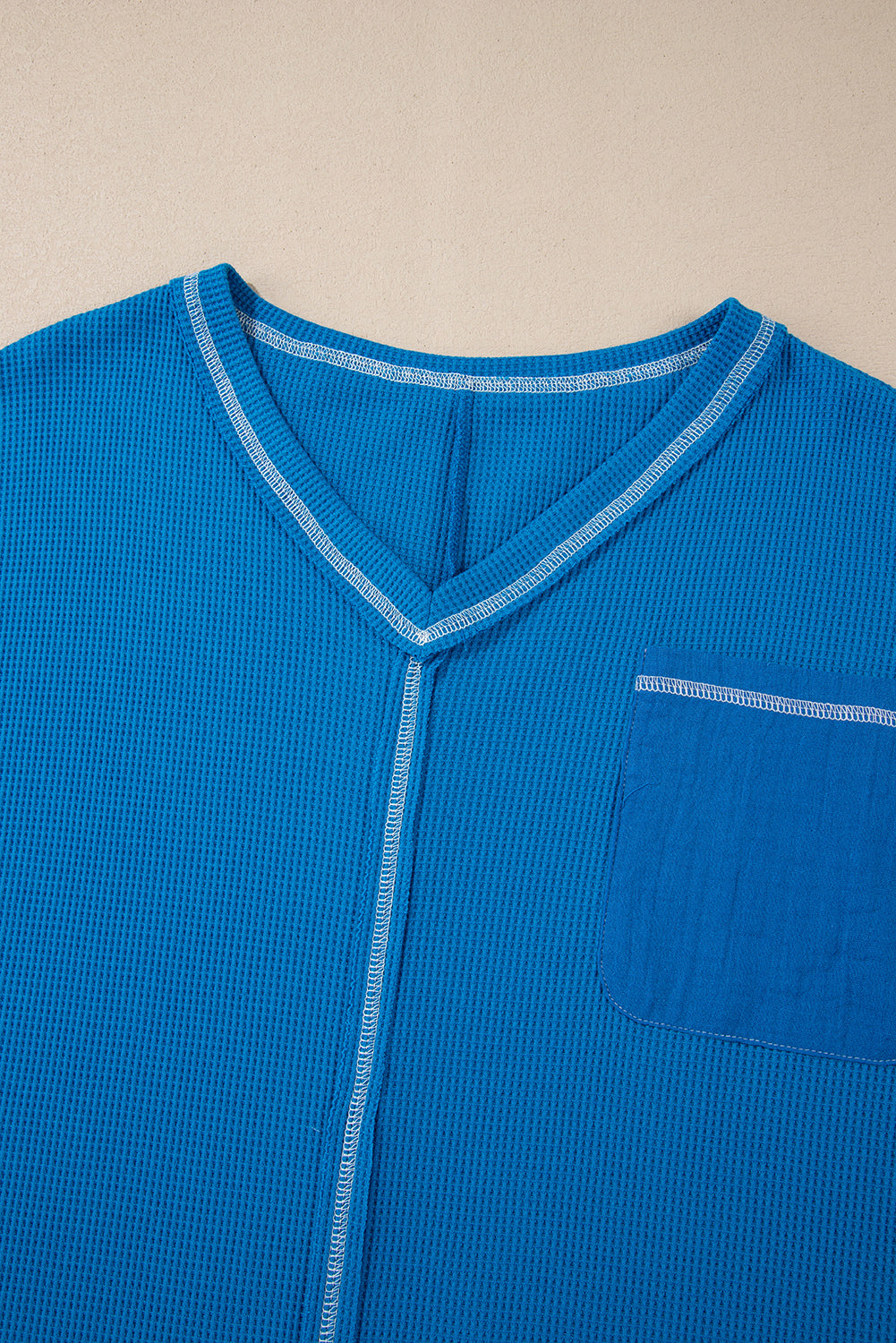 Sky Blue Lace Floral Patchwork Sleeve Stitching V Neck Rib Knit Blouse - eAura