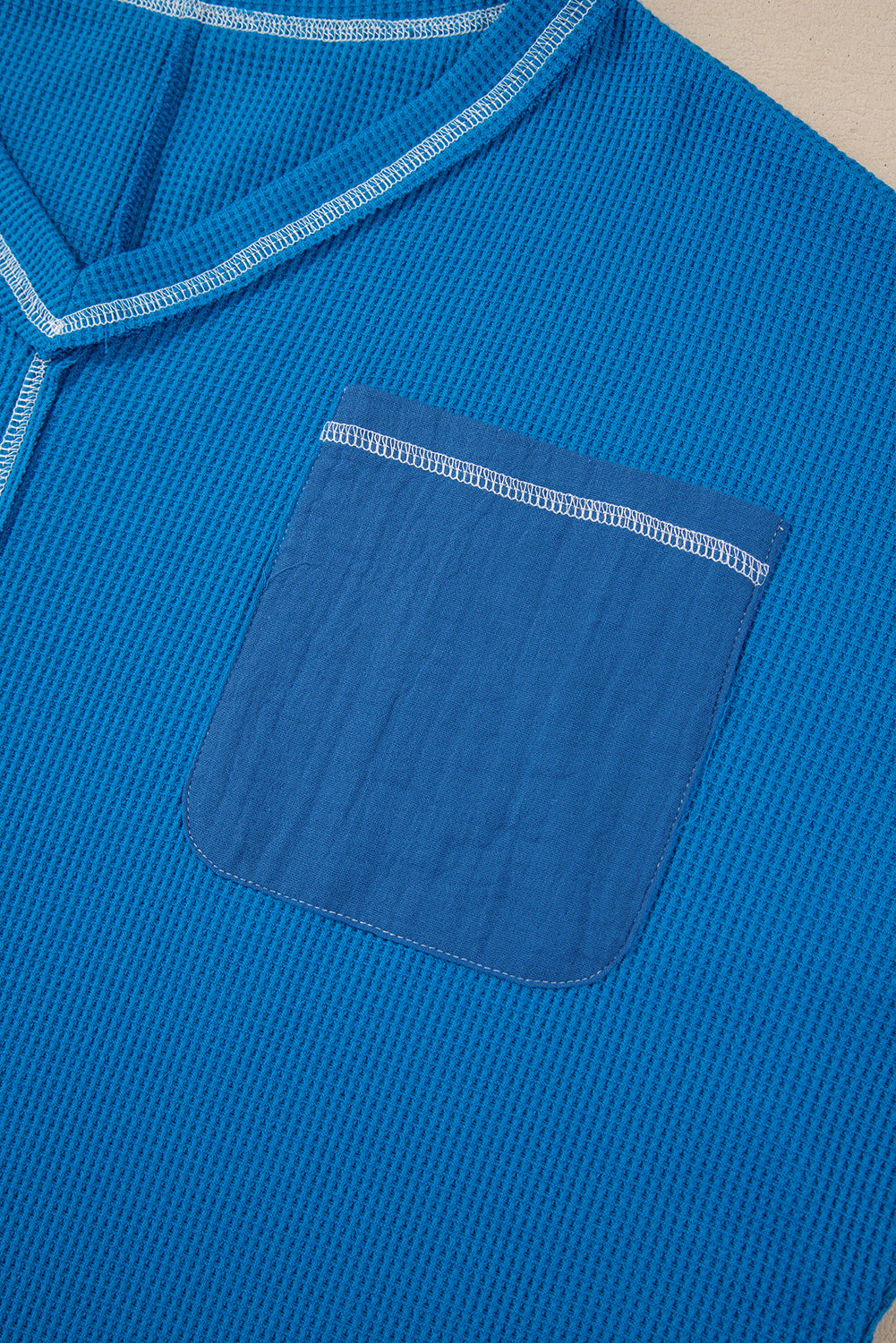 Sky Blue Lace Floral Patchwork Sleeve Stitching V Neck Rib Knit Blouse - eAura