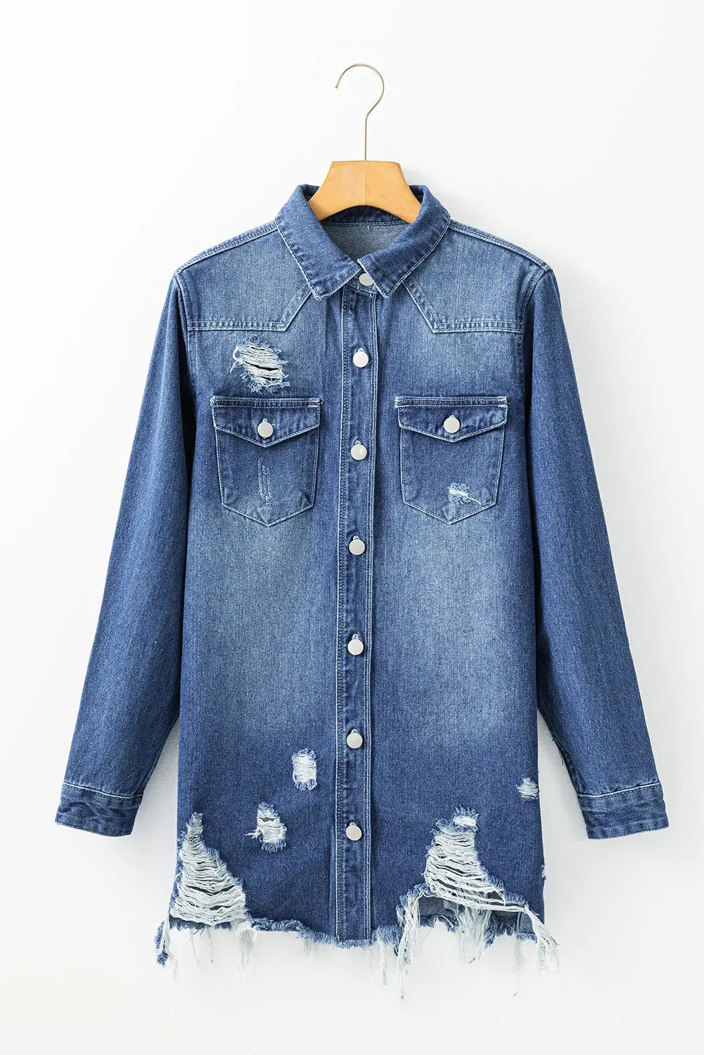 Sky Blue Light Wash Distressed Frayed Long Denim Jacket - eAura