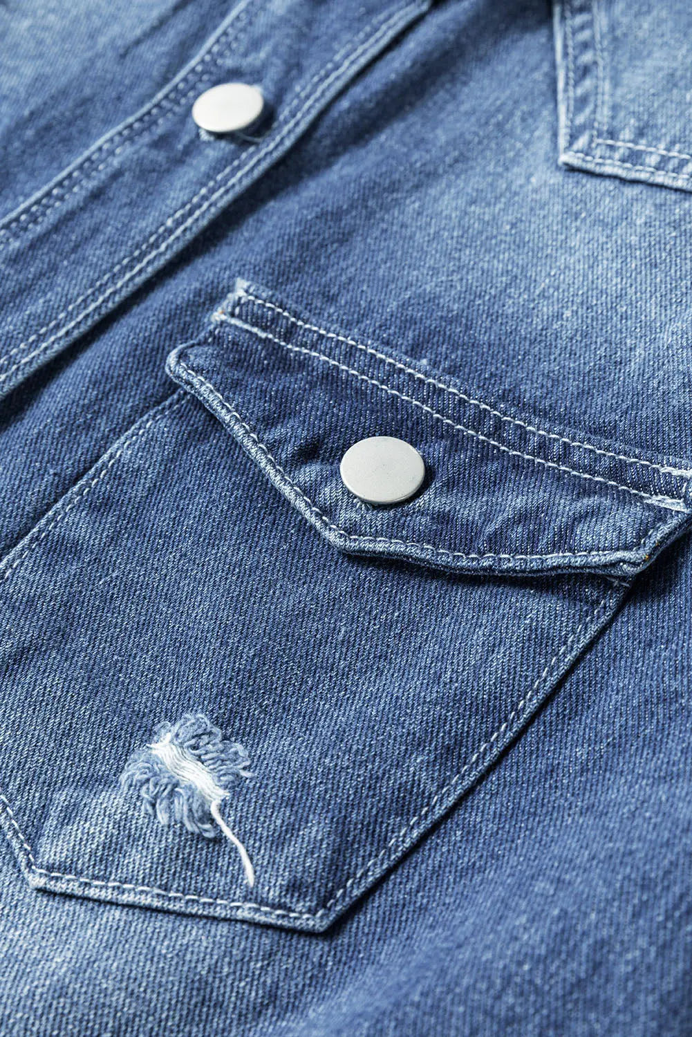 Sky Blue Light Wash Distressed Frayed Long Denim Jacket - eAura