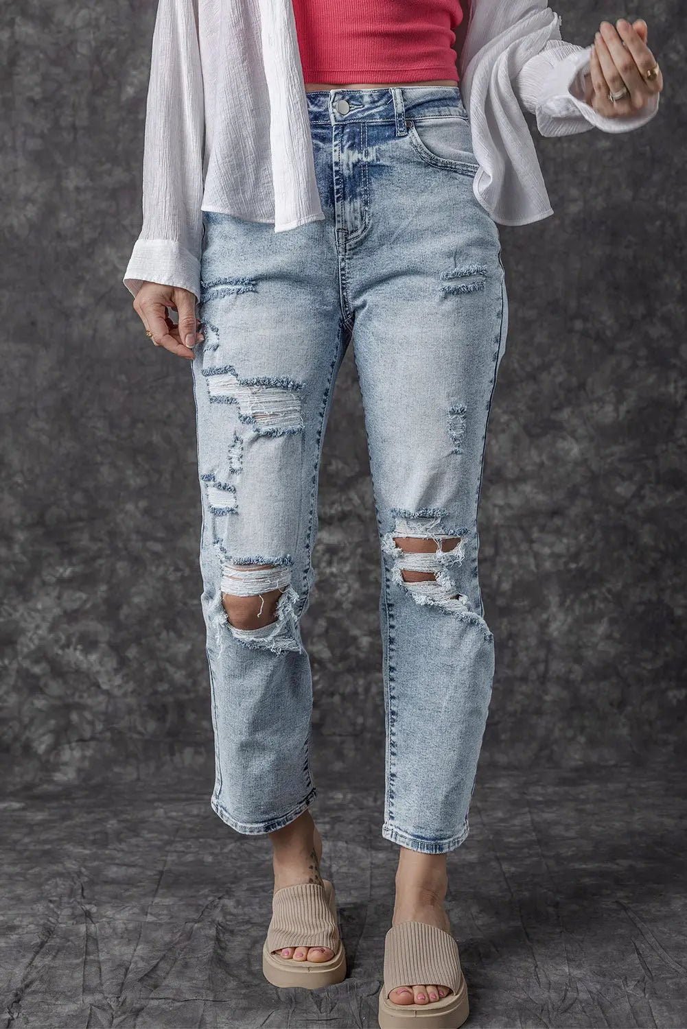 Sky Blue Light Wash Frayed Slim Fit High Waist Jeans eAura