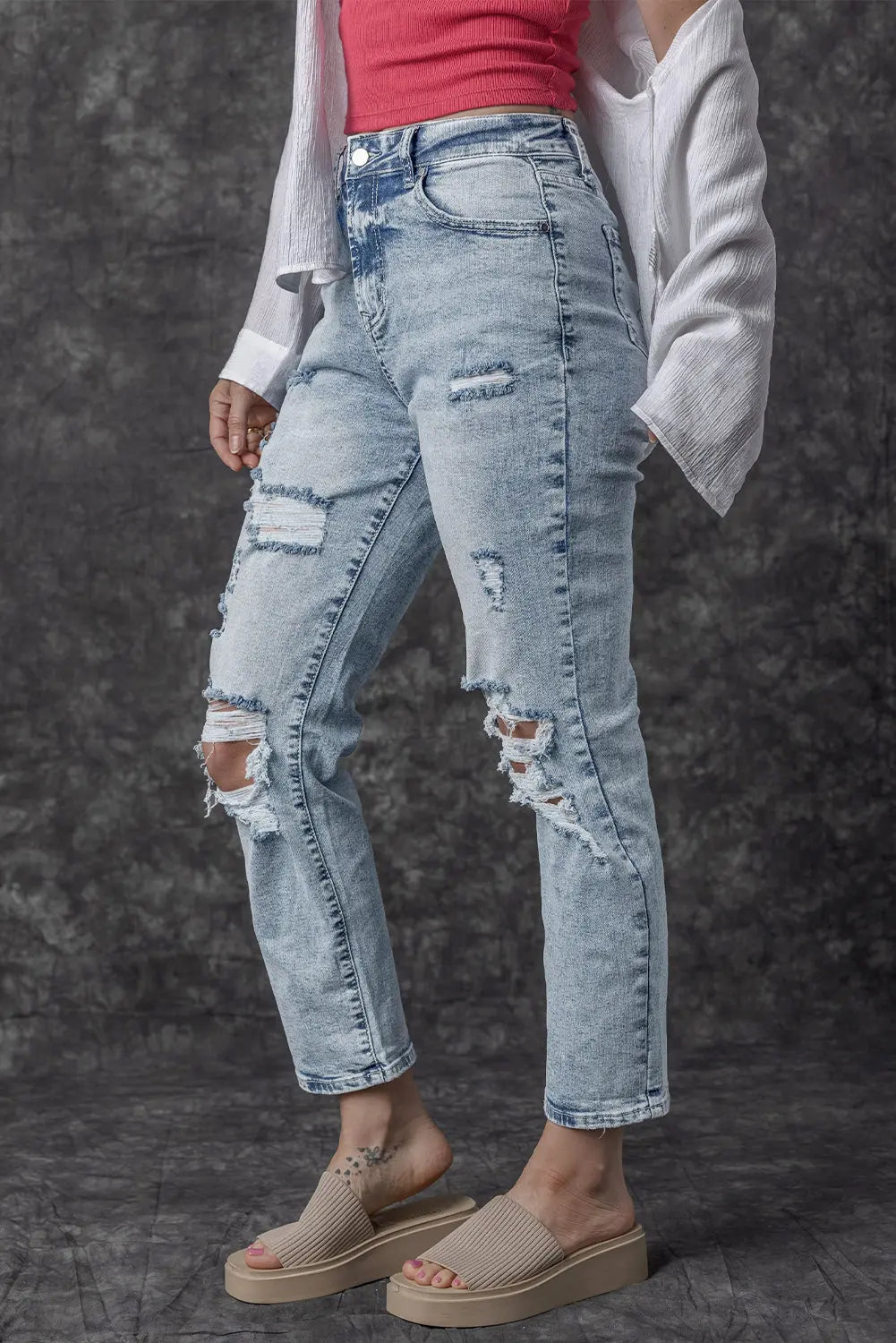 Sky Blue Light Wash Frayed Slim Fit High Waist Jeans eAura