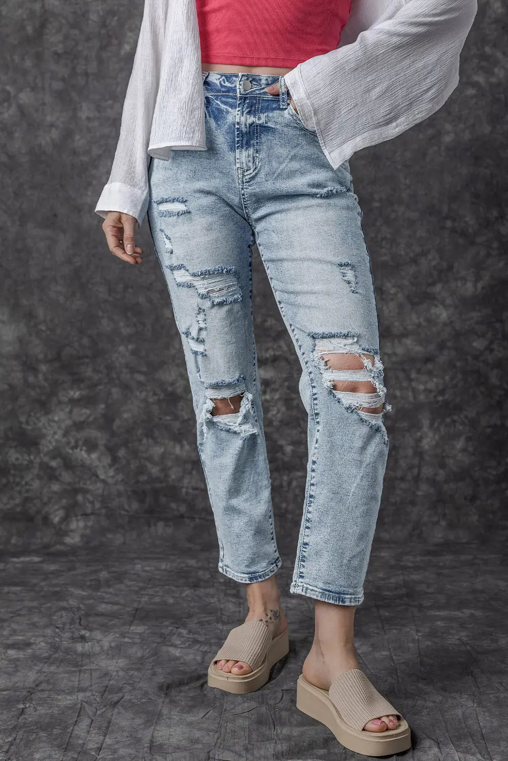 Sky Blue Light Wash Frayed Slim Fit High Waist Jeans eAura