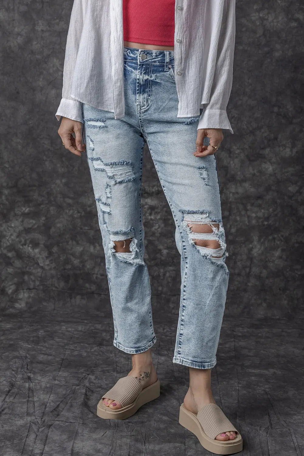 Sky Blue Light Wash Frayed Slim Fit High Waist Jeans eAura