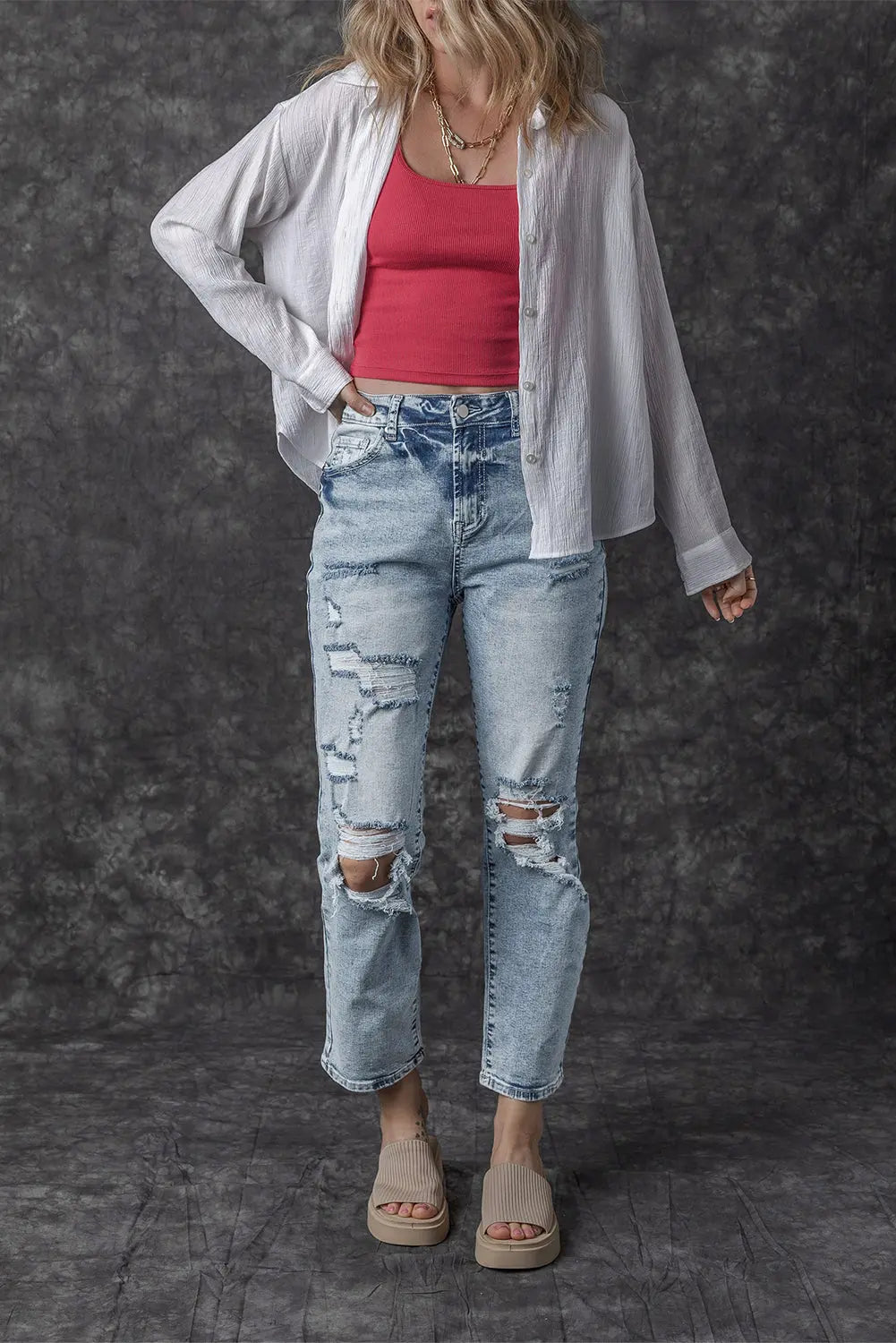 Sky Blue Light Wash Frayed Slim Fit High Waist Jeans eAura