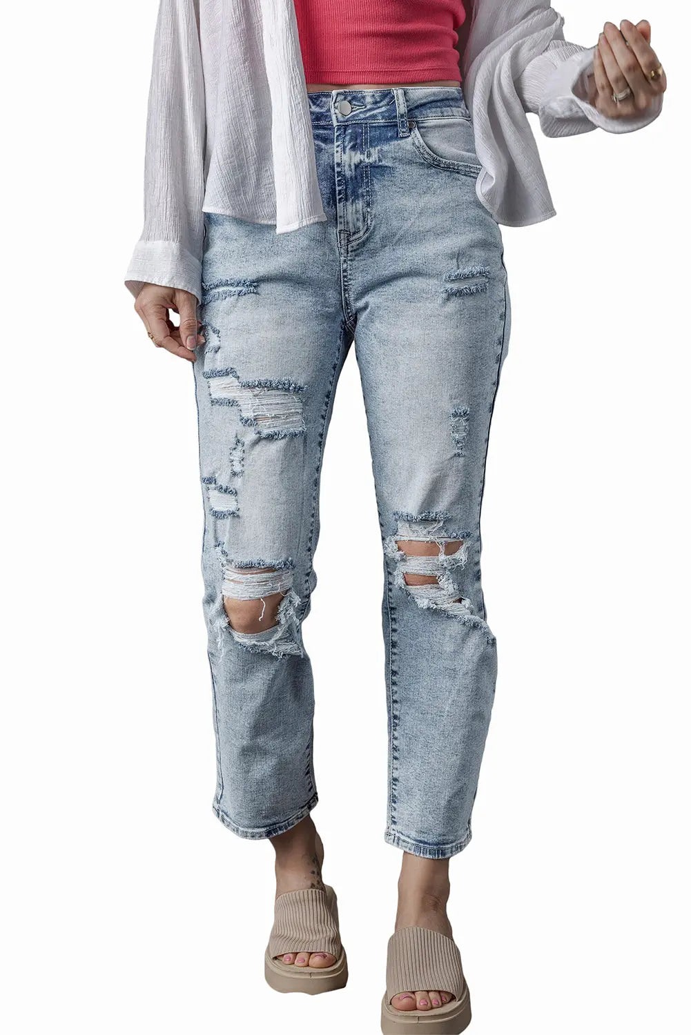 Sky Blue Light Wash Frayed Slim Fit High Waist Jeans eAura