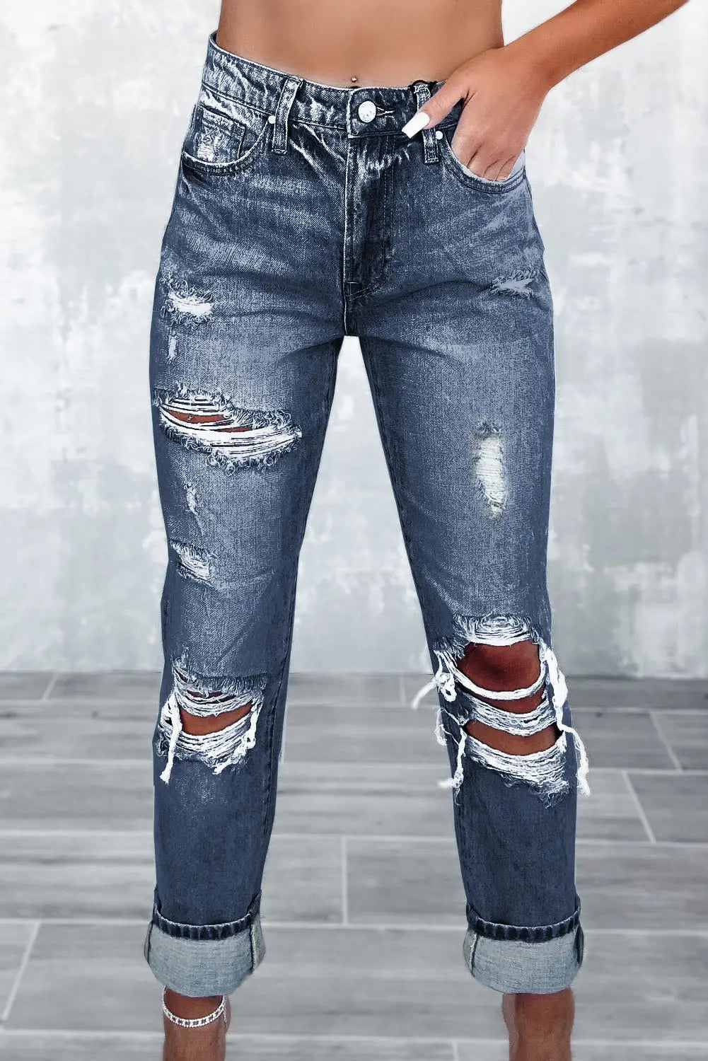 Sky Blue Light Wash Frayed Slim Fit High Waist Jeans eAura