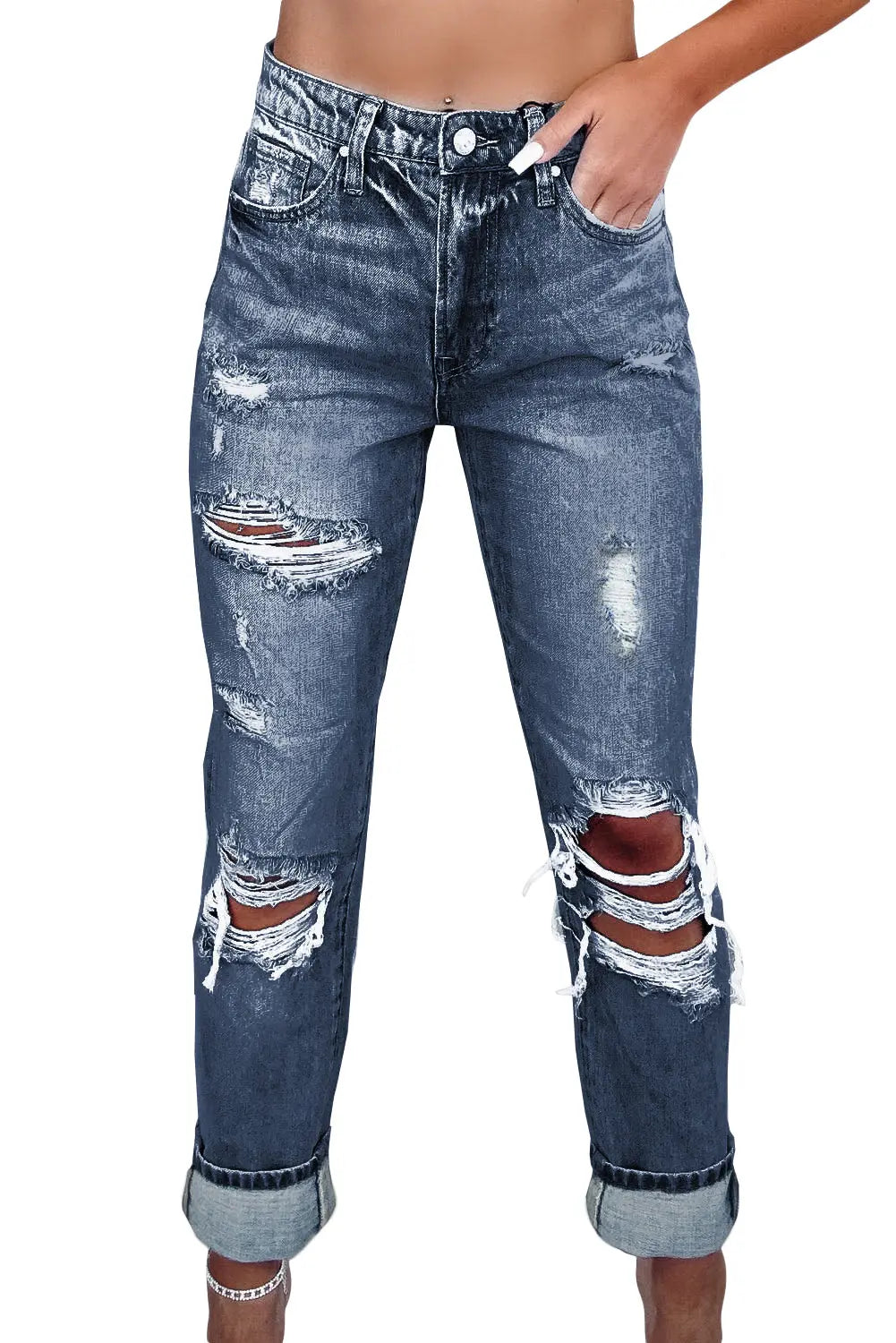 Sky Blue Light Wash Frayed Slim Fit High Waist Jeans eAura