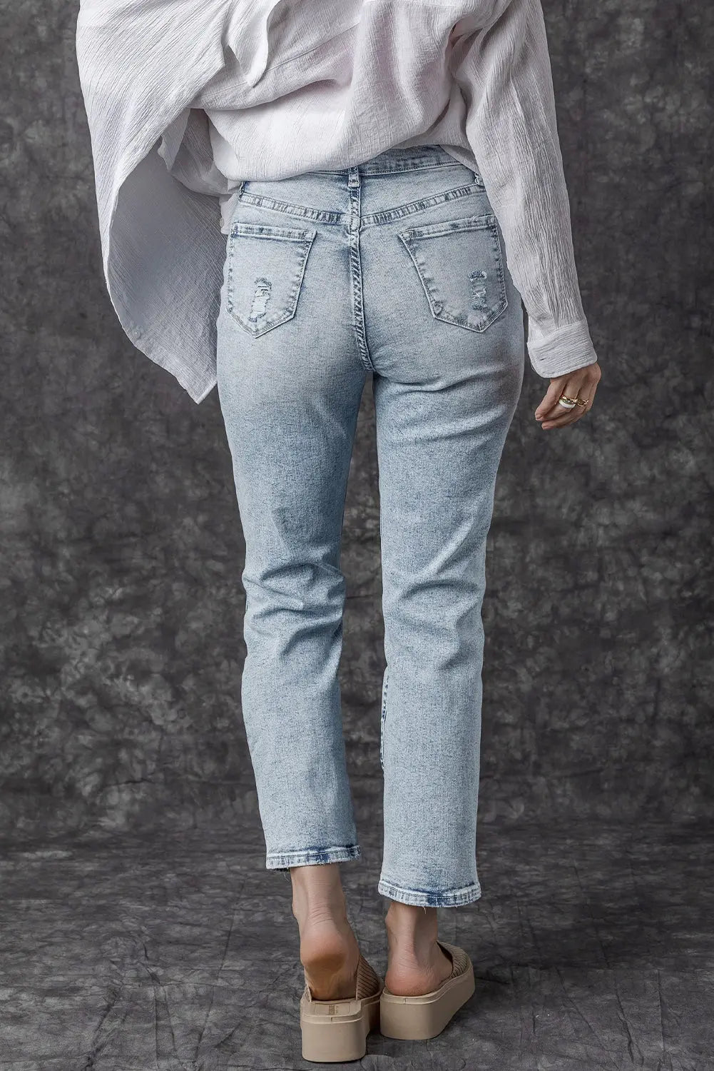 Sky Blue Light Wash Frayed Slim Fit High Waist Jeans eAura