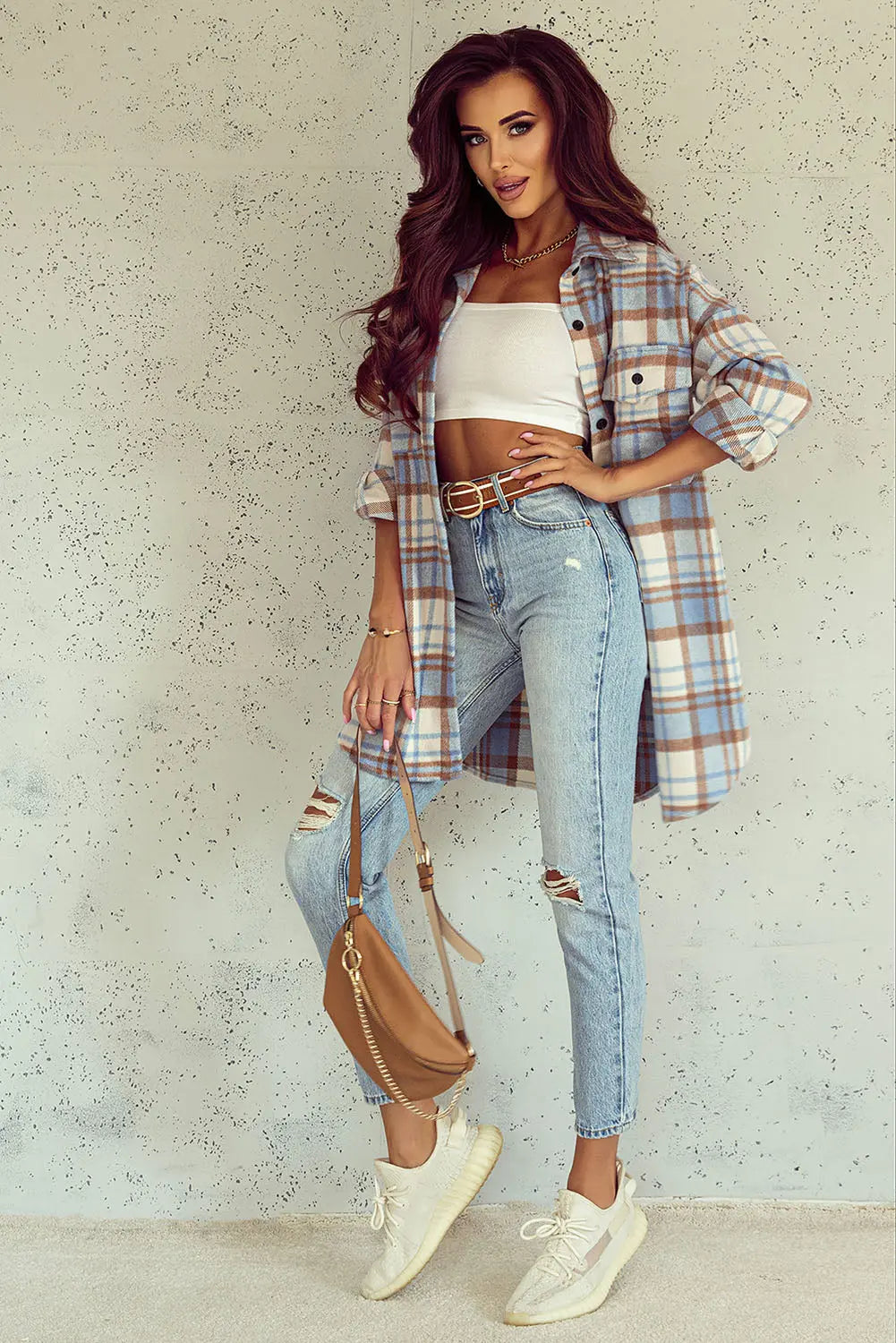 Sky Blue Plaid Flap Pocket Long Sleeve Shacket eAura