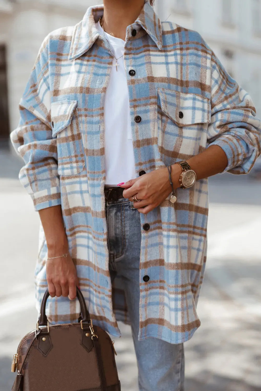 Sky Blue Plaid Flap Pocket Long Sleeve Shacket eAura