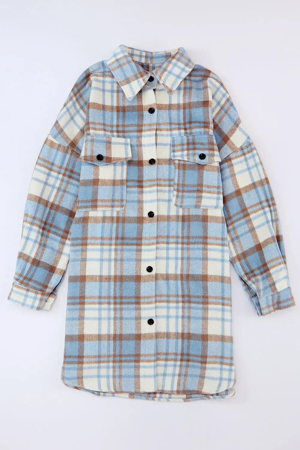 Sky Blue Plaid Flap Pocket Long Sleeve Shacket eAura