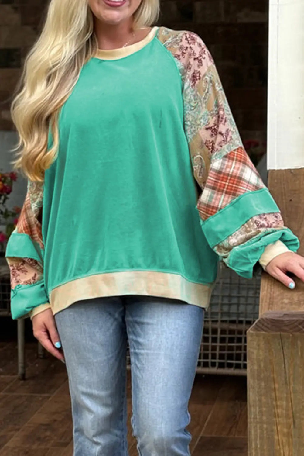 Sky Blue Plus Size Plaid Floral Patchwork Raglan Sleeve Sweatshirt Beagle Boutique Fashion Outlet