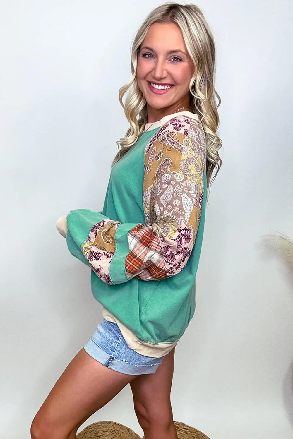Sky Blue Plus Size Plaid Floral Patchwork Raglan Sleeve Sweatshirt Beagle Boutique Fashion Outlet