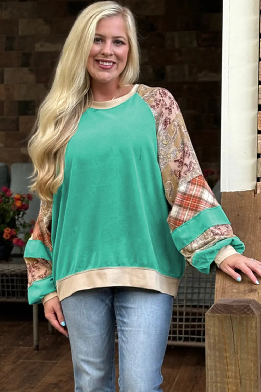 Sky Blue Plus Size Plaid Floral Patchwork Raglan Sleeve Sweatshirt Beagle Boutique Fashion Outlet