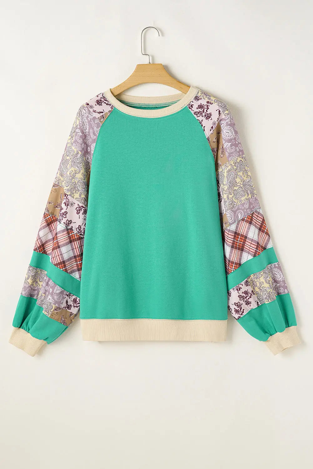 Sky Blue Plus Size Plaid Floral Patchwork Raglan Sleeve Sweatshirt Beagle Boutique Fashion Outlet