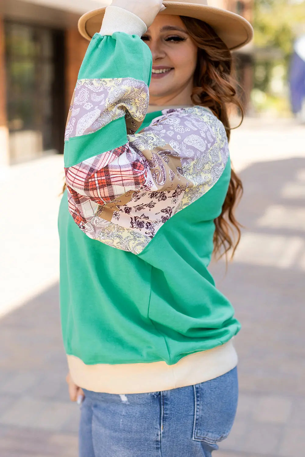 Sky Blue Plus Size Plaid Floral Patchwork Raglan Sleeve Sweatshirt Beagle Boutique Fashion Outlet