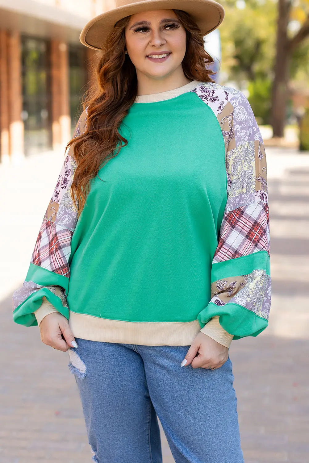 Sky Blue Plus Size Plaid Floral Patchwork Raglan Sleeve Sweatshirt - eAura
