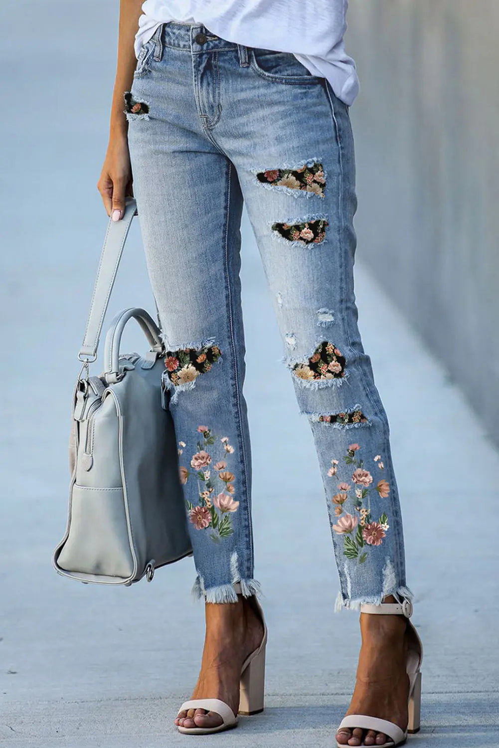 Sky Blue Printed Patch Ripped Skinny Jeans eAura