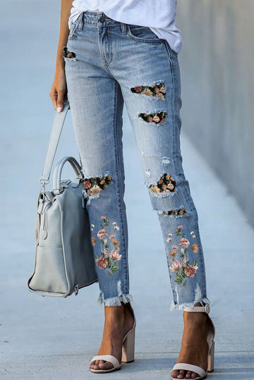 Sky Blue Printed Patch Ripped Skinny Jeans eAura
