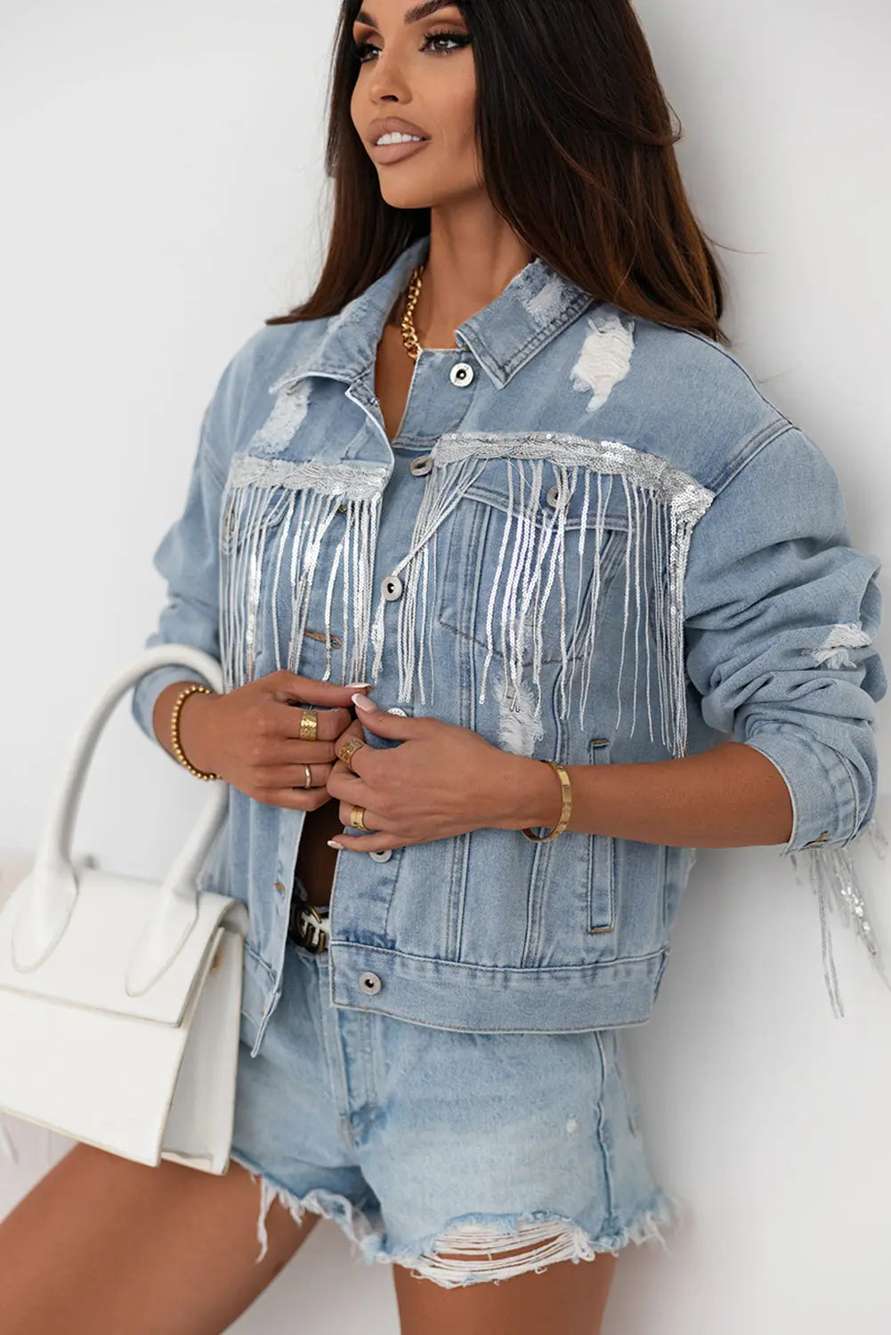 Sky Blue Sequin Embellished Fringe Distressed Denim Jacket - eAura