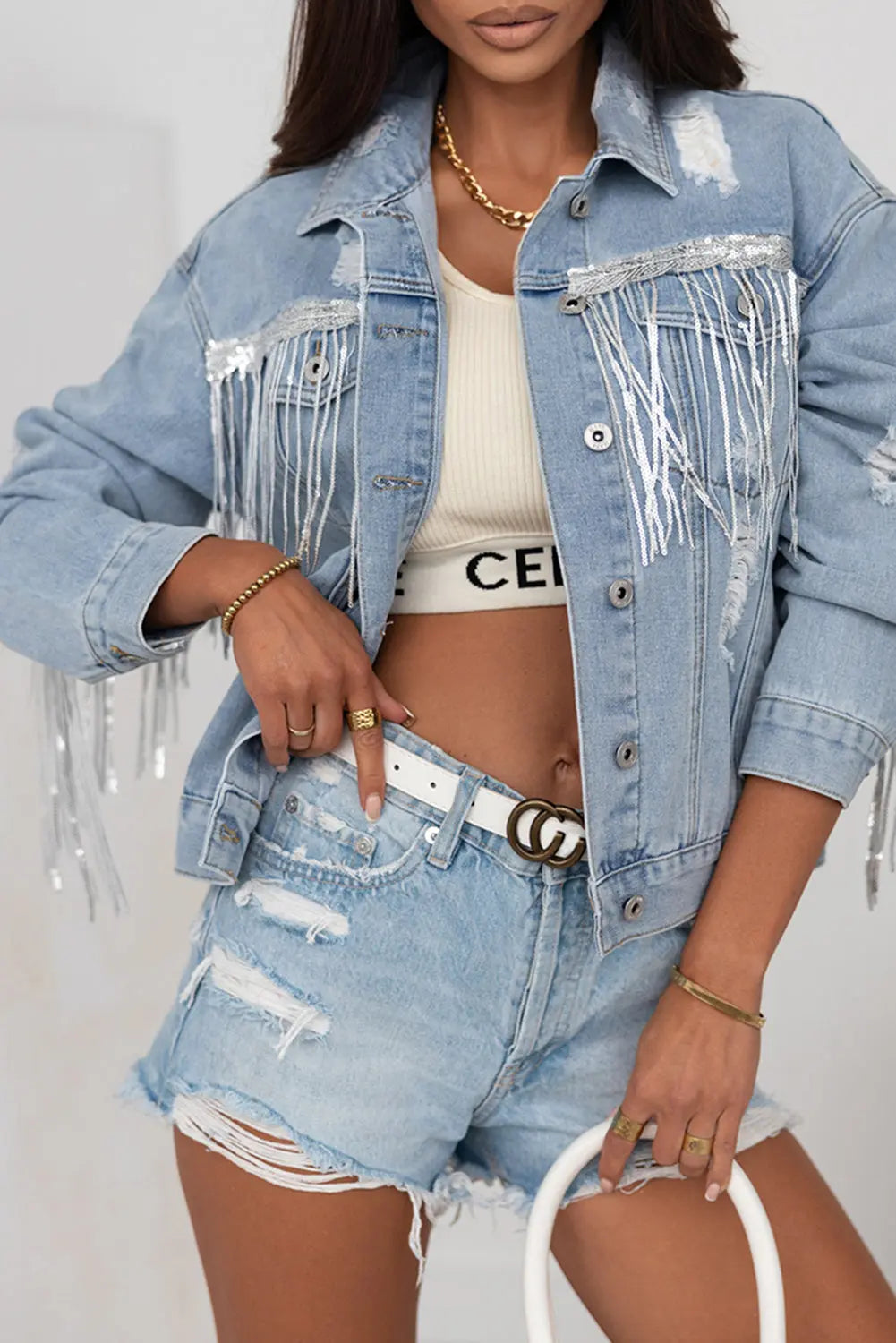 Sky Blue Sequin Embellished Fringe Distressed Denim Jacket - eAura