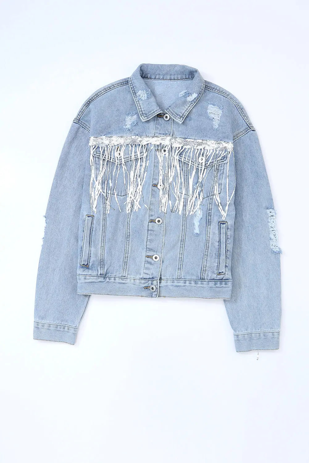 Sky Blue Sequin Embellished Fringe Distressed Denim Jacket - eAura